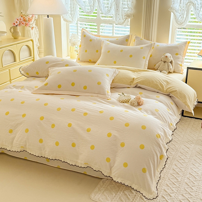 91家纺网 家纺一手货源 找家纺 韩约家纺 2025新款1全棉镂空双色刺绣花边床单款加厚棉麻四件套 波波黄