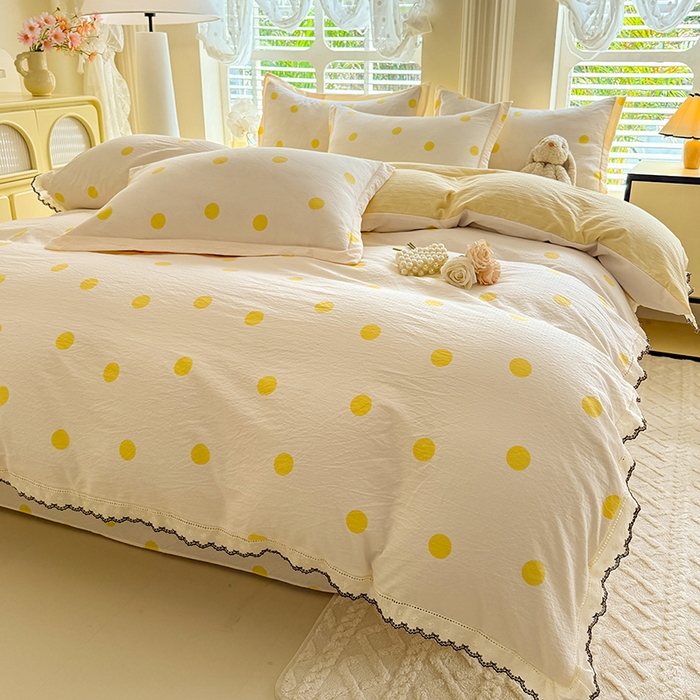 91家纺网 家纺一手货源 找家纺 韩约家纺 2025新款1全棉镂空双色刺绣花边床单款加厚棉麻四件套 波波黄