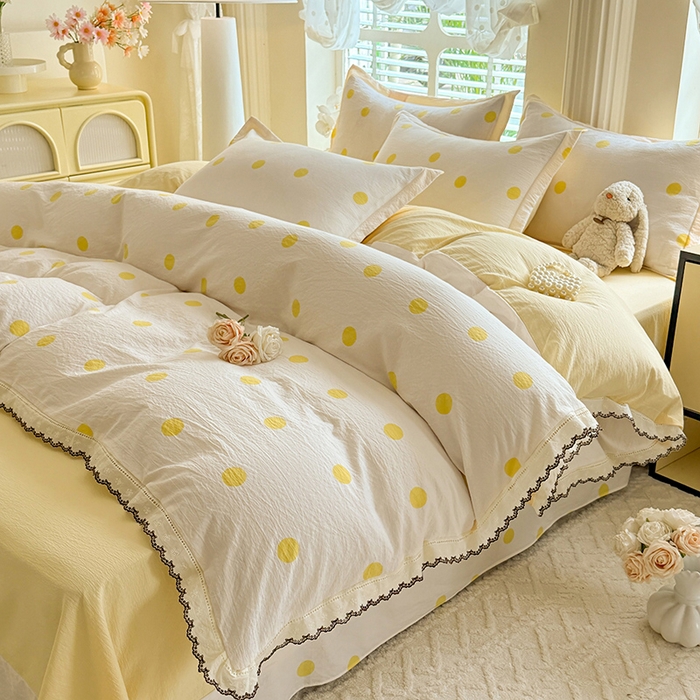 91家纺网 家纺一手货源 找家纺 韩约家纺 2025新款1全棉镂空双色刺绣花边床单款加厚棉麻四件套 波波黄