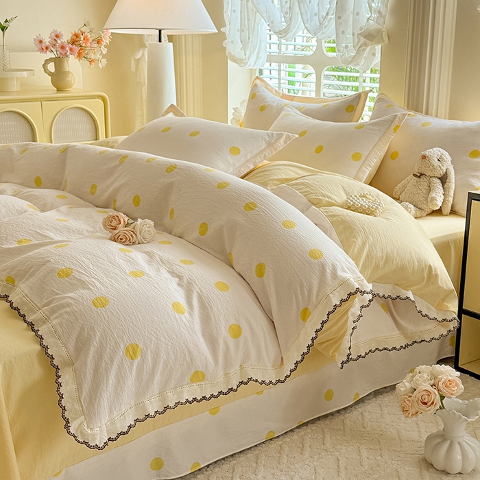 91家纺网 家纺一手货源 找家纺 韩约家纺 2025新款1全棉镂空双色刺绣花边床单款加厚棉麻四件套 波波黄