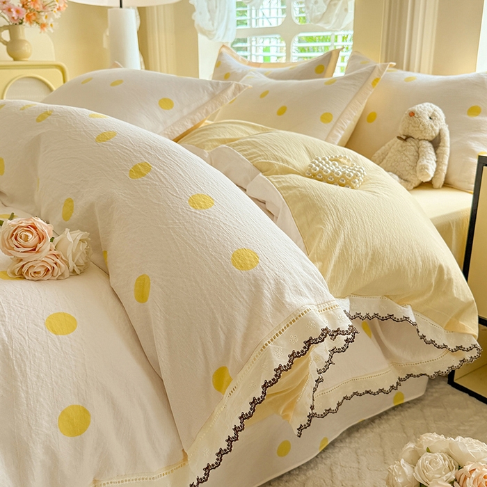 91家纺网 家纺一手货源 找家纺 韩约家纺 2025新款1全棉镂空双色刺绣花边床单款加厚棉麻四件套 波波黄
