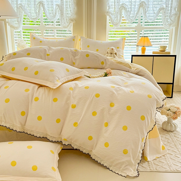 91家纺网 家纺一手货源 找家纺 韩约家纺 2025新款1全棉镂空双色刺绣花边床单款加厚棉麻四件套 波波黄