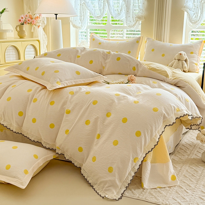 91家纺网 家纺一手货源 找家纺 韩约家纺 2025新款1全棉镂空双色刺绣花边床单款加厚棉麻四件套 波波黄