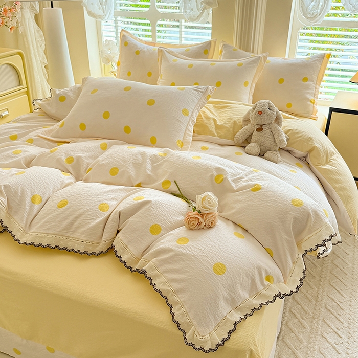 91家纺网 家纺一手货源 找家纺 韩约家纺 2025新款1全棉镂空双色刺绣花边床单款加厚棉麻四件套 波波黄