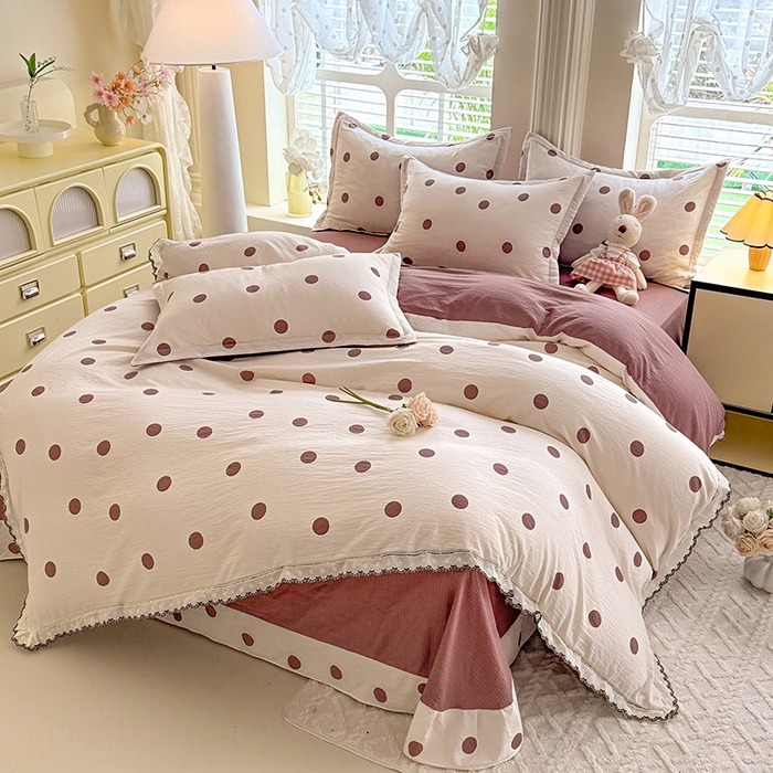 91家纺网 家纺一手货源 找家纺 韩约家纺 2025新款1全棉镂空双色刺绣花边床单款加厚棉麻四件套 波波咖