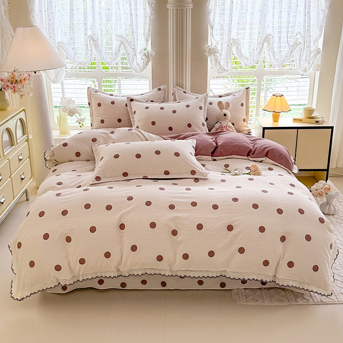 91家纺网 家纺一手货源 找家纺 韩约家纺 2025新款1全棉镂空双色刺绣花边床单款加厚棉麻四件套 波波咖