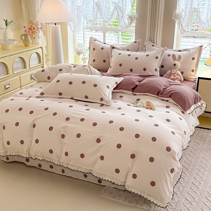 91家纺网 家纺一手货源 找家纺 韩约家纺 2025新款1全棉镂空双色刺绣花边床单款加厚棉麻四件套 波波咖