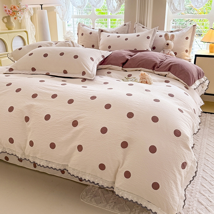 91家纺网 家纺一手货源 找家纺 韩约家纺 2025新款1全棉镂空双色刺绣花边床单款加厚棉麻四件套 波波咖