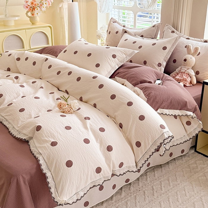 91家纺网 家纺一手货源 找家纺 韩约家纺 2025新款1全棉镂空双色刺绣花边床单款加厚棉麻四件套 波波咖