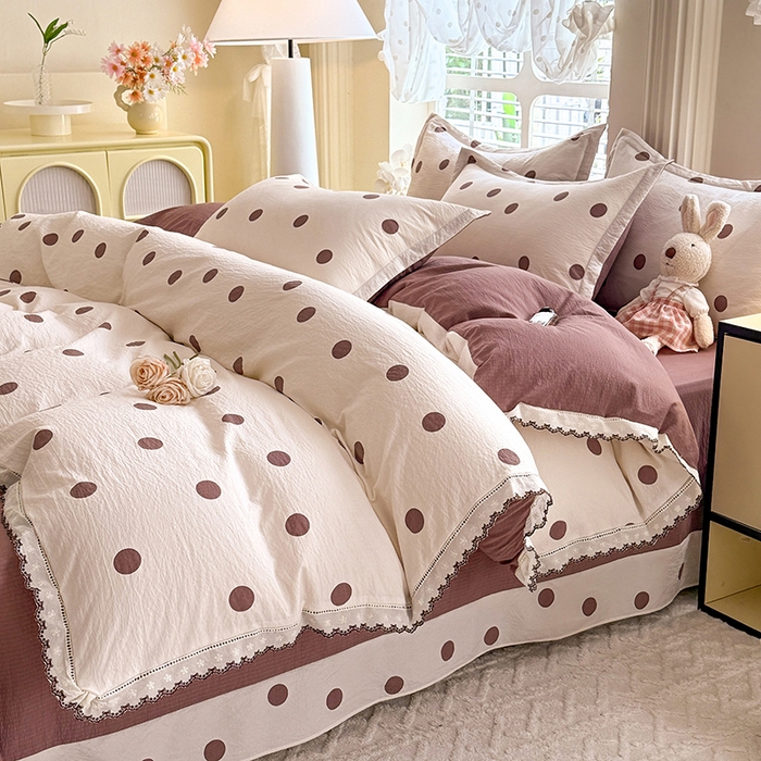 91家纺网 家纺一手货源 找家纺 韩约家纺 2025新款1全棉镂空双色刺绣花边床单款加厚棉麻四件套 波波咖