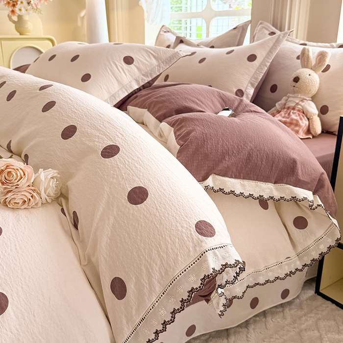 91家纺网 家纺一手货源 找家纺 韩约家纺 2025新款1全棉镂空双色刺绣花边床单款加厚棉麻四件套 波波咖