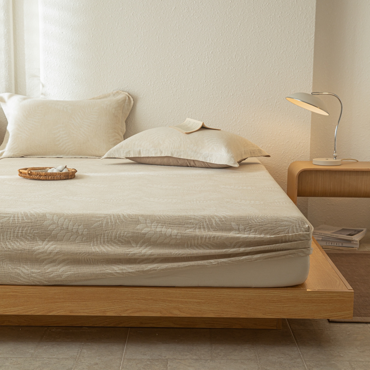 91家纺网 家纺一手货源 找家纺 眠博士 2025新款A类棉麻双层纱提花床笠 棉麻双层纱床笠-花梦如聆