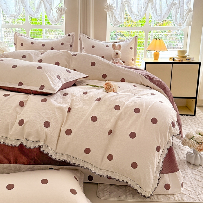 91家纺网 家纺一手货源 找家纺 韩约家纺 2025新款1全棉镂空双色刺绣花边床单款加厚棉麻四件套 波波咖