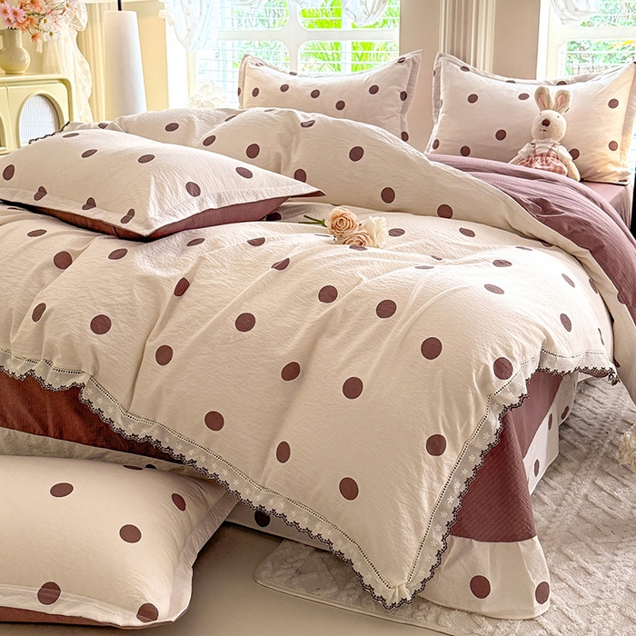 91家纺网 家纺一手货源 找家纺 韩约家纺 2025新款1全棉镂空双色刺绣花边床单款加厚棉麻四件套 波波咖