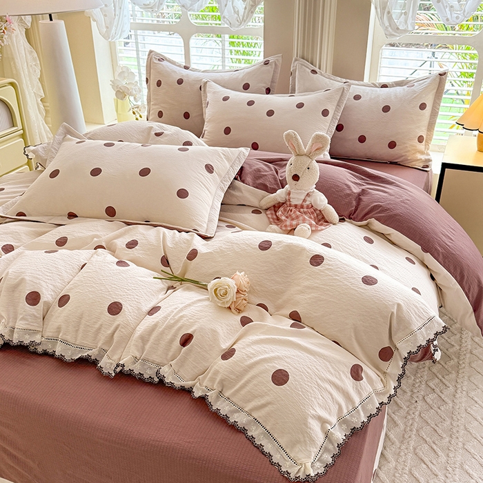 91家纺网 家纺一手货源 找家纺 韩约家纺 2025新款1全棉镂空双色刺绣花边床单款加厚棉麻四件套 波波咖