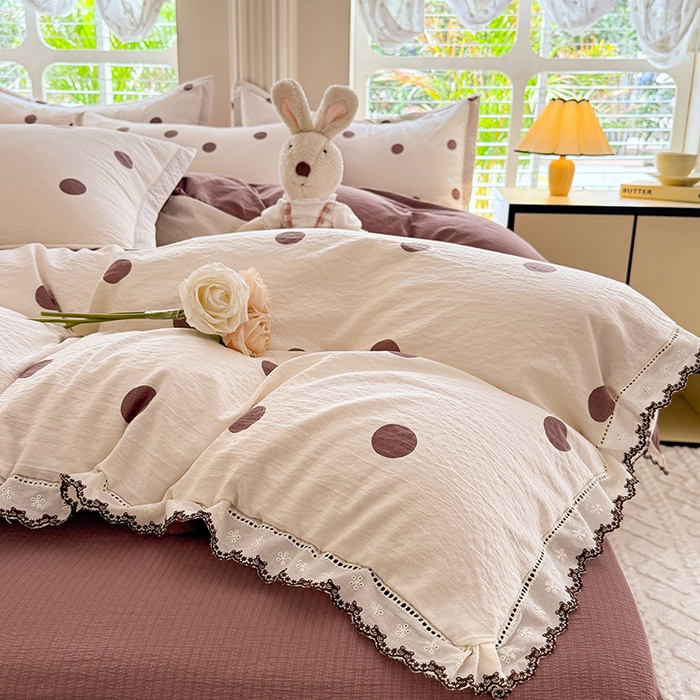 91家纺网 家纺一手货源 找家纺 韩约家纺 2025新款1全棉镂空双色刺绣花边床单款加厚棉麻四件套 波波咖