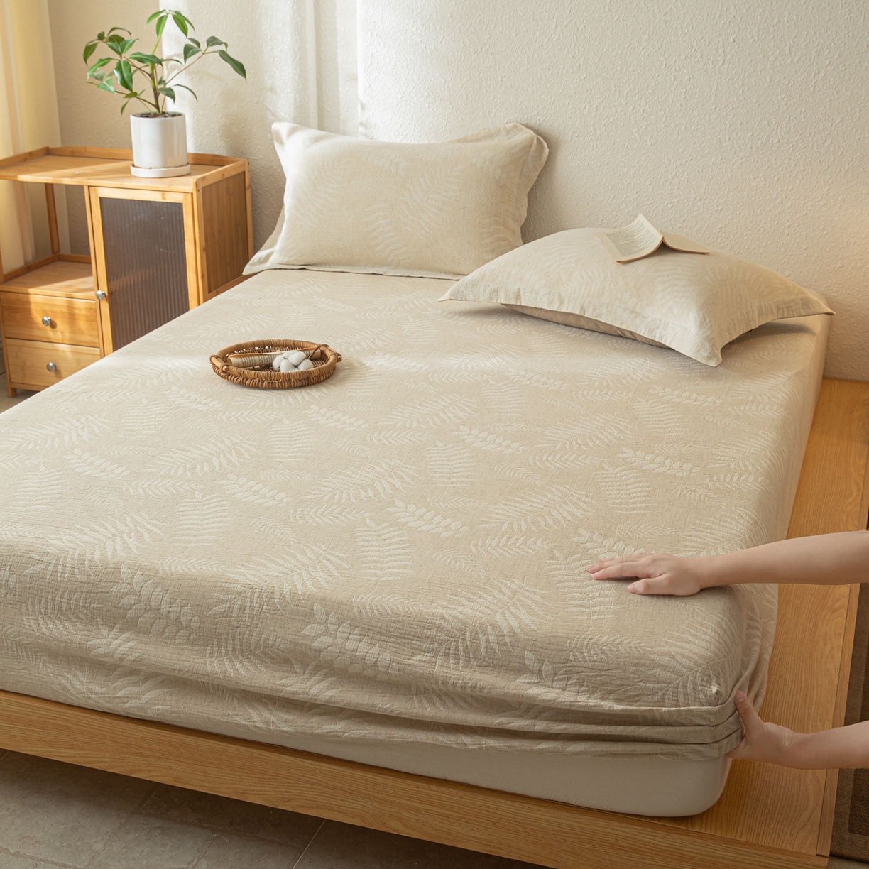 91家纺网 家纺一手货源 找家纺 眠博士 2025新款A类棉麻双层纱提花床笠 棉麻双层纱床笠-花梦如聆