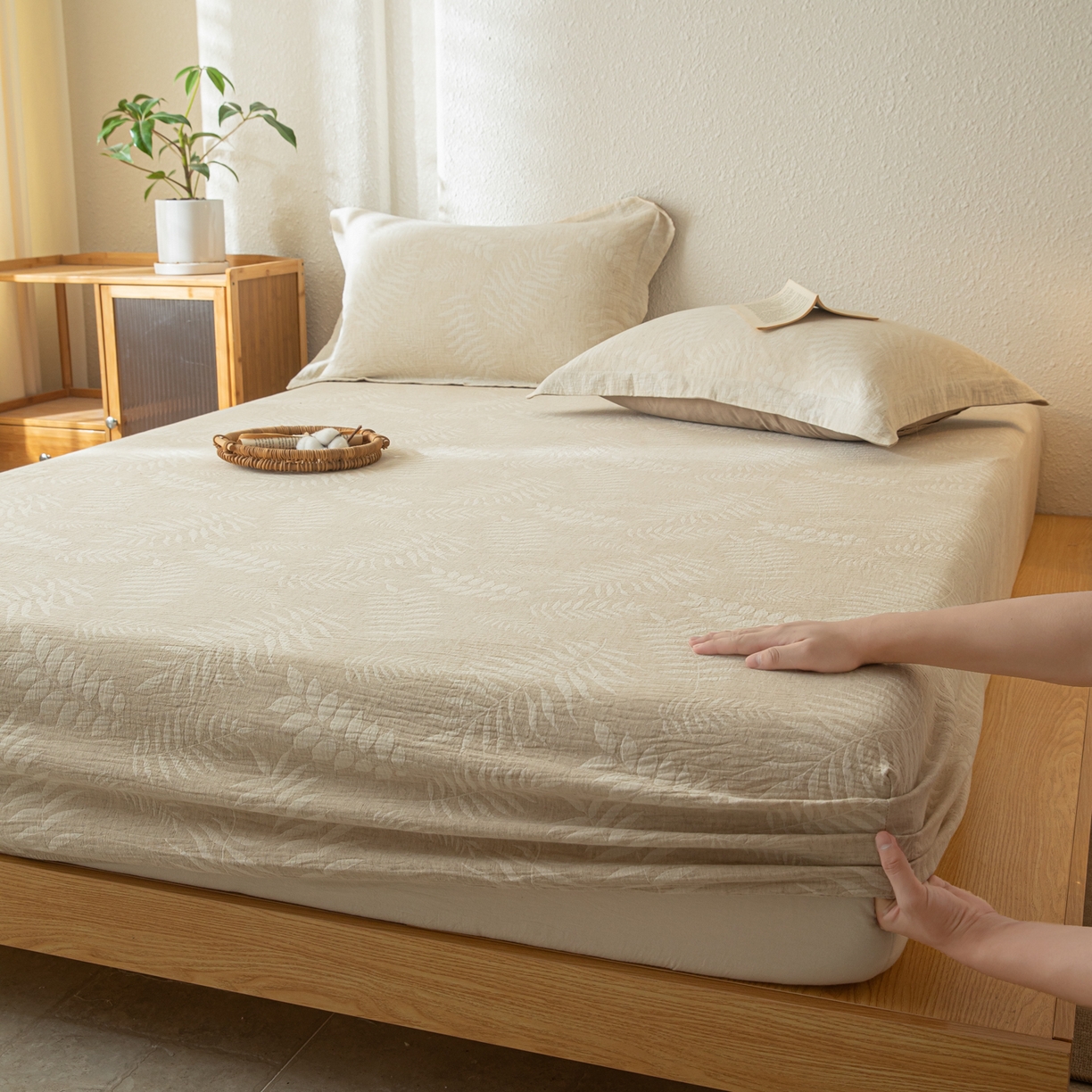 91家纺网 家纺一手货源 找家纺 眠博士 2025新款A类棉麻双层纱提花床笠 棉麻双层纱床笠-花梦如聆