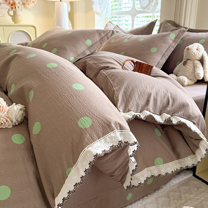 韩约家纺 2025新款1全棉镂空双色刺绣花边床单款加厚棉麻四件套 波波绿
