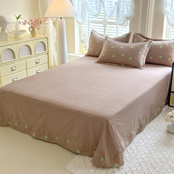 91家纺网 家纺一手货源 找家纺 韩约家纺 2025新款1全棉镂空双色刺绣花边床单款加厚棉麻四件套 波波绿