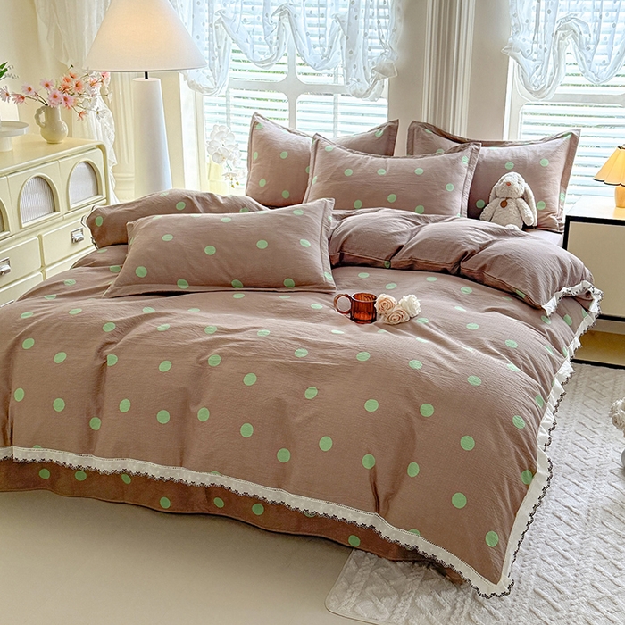 91家纺网 家纺一手货源 找家纺 韩约家纺 2025新款1全棉镂空双色刺绣花边床单款加厚棉麻四件套 波波绿