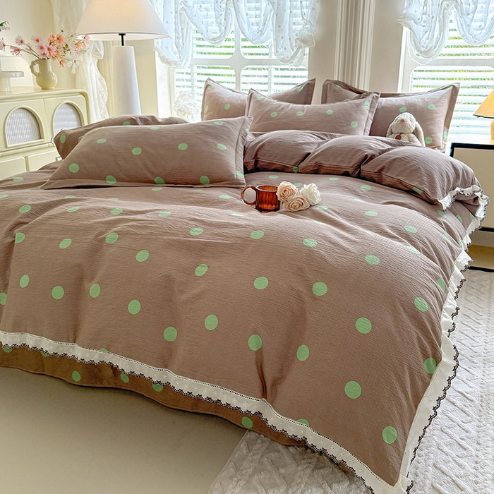 91家纺网 家纺一手货源 找家纺 韩约家纺 2025新款1全棉镂空双色刺绣花边床单款加厚棉麻四件套 波波绿