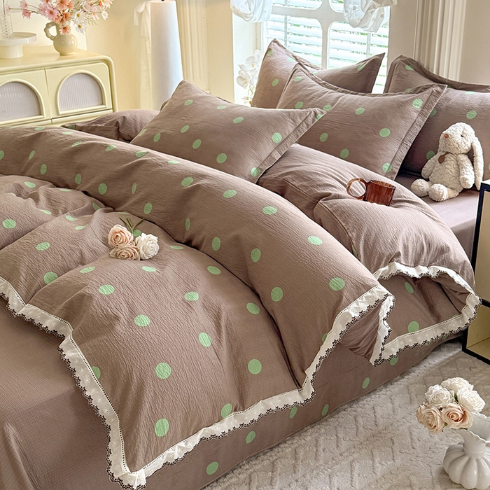 91家纺网 家纺一手货源 找家纺 韩约家纺 2025新款1全棉镂空双色刺绣花边床单款加厚棉麻四件套 波波绿