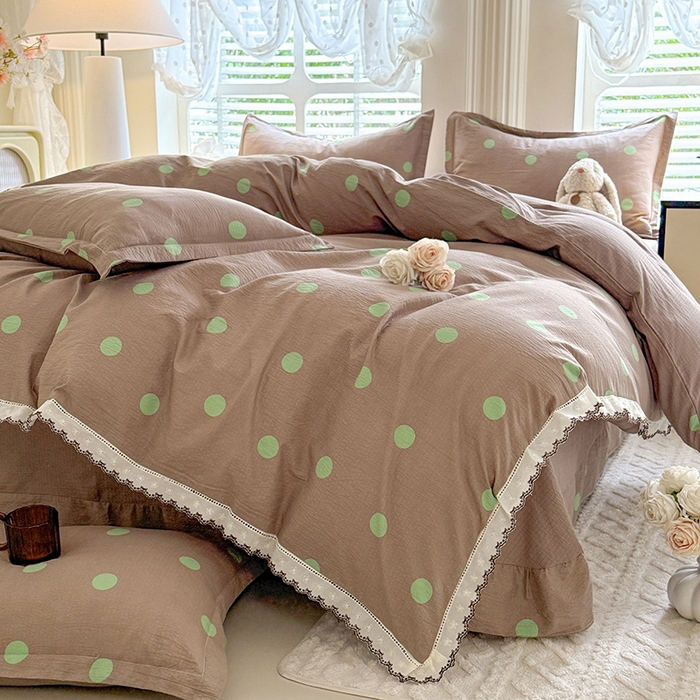 91家纺网 家纺一手货源 找家纺 韩约家纺 2025新款1全棉镂空双色刺绣花边床单款加厚棉麻四件套 波波绿