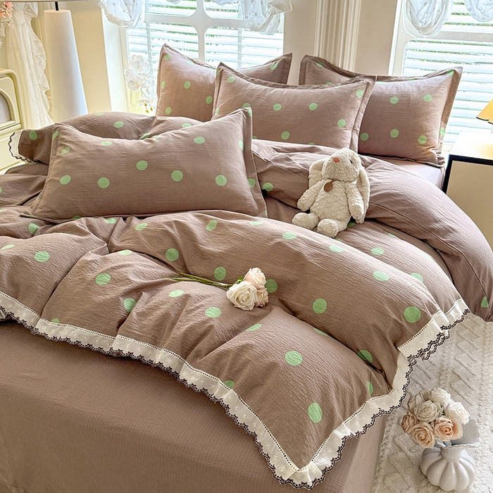 91家纺网 家纺一手货源 找家纺 韩约家纺 2025新款1全棉镂空双色刺绣花边床单款加厚棉麻四件套 波波绿