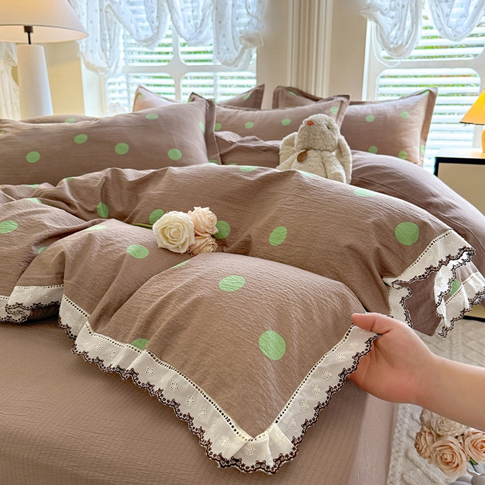 91家纺网 家纺一手货源 找家纺 韩约家纺 2025新款1全棉镂空双色刺绣花边床单款加厚棉麻四件套 波波绿