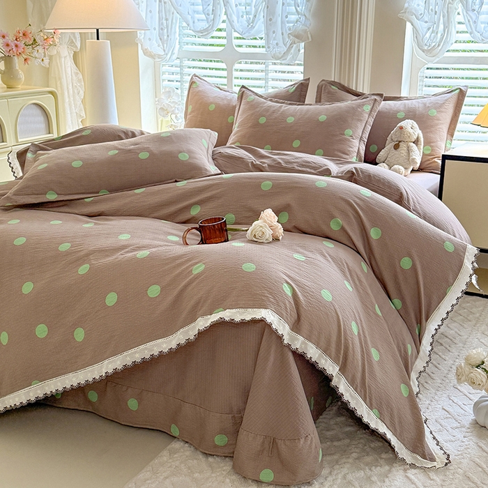 91家纺网 家纺一手货源 找家纺 韩约家纺 2025新款1全棉镂空双色刺绣花边床单款加厚棉麻四件套 波波绿