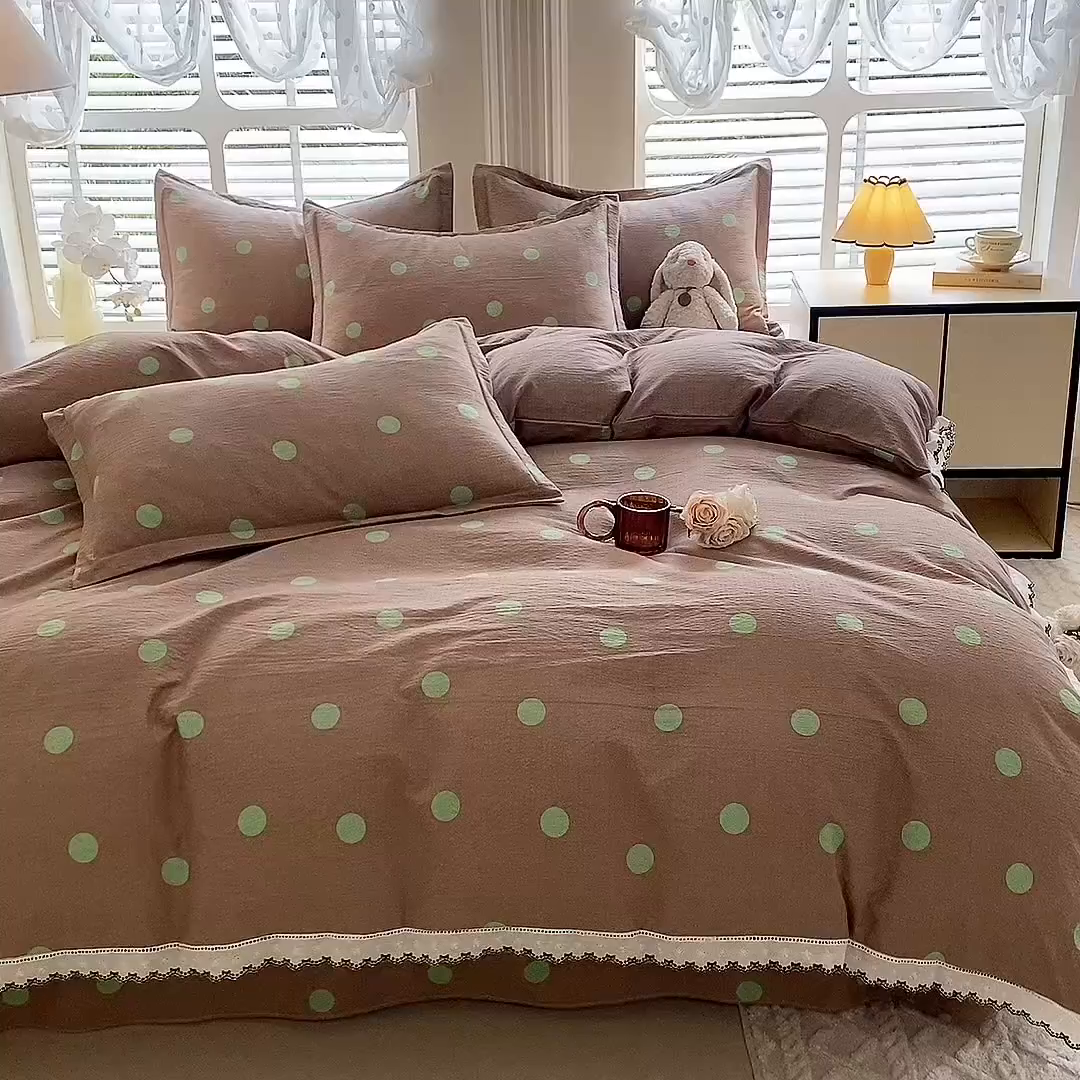 91家纺网 家纺一手货源 找家纺 韩约家纺 2025新款1全棉镂空双色刺绣花边床单款加厚棉麻四件套 波波绿