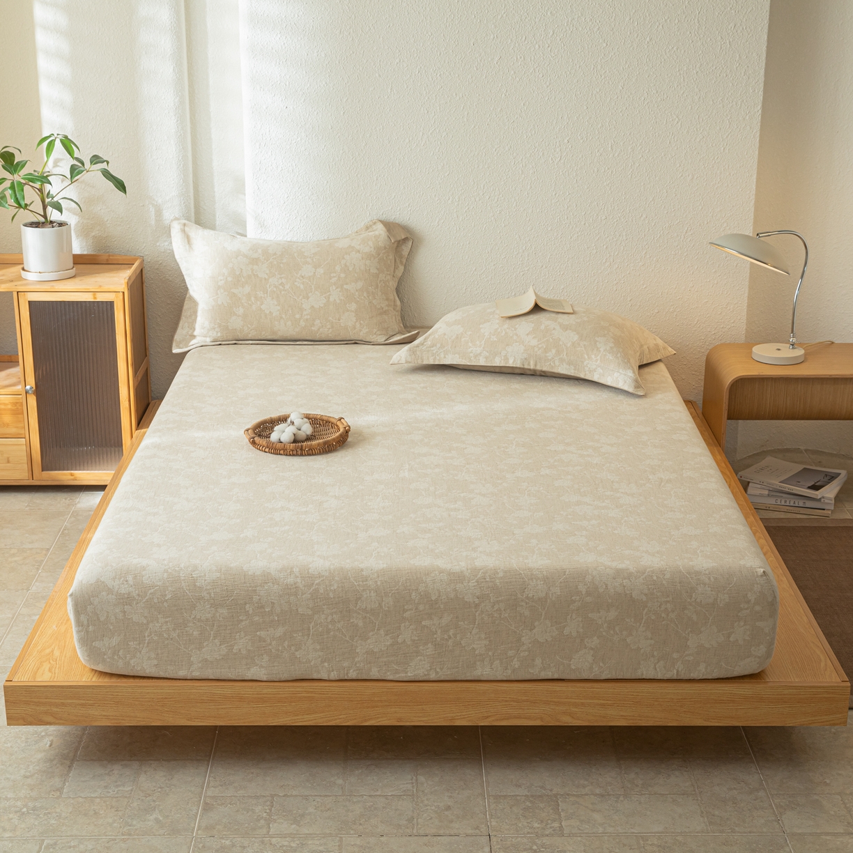 91家纺网 家纺一手货源 找家纺 眠博士 2025新款A类棉麻双层纱提花床笠 棉麻双层纱床笠-蓝聆花