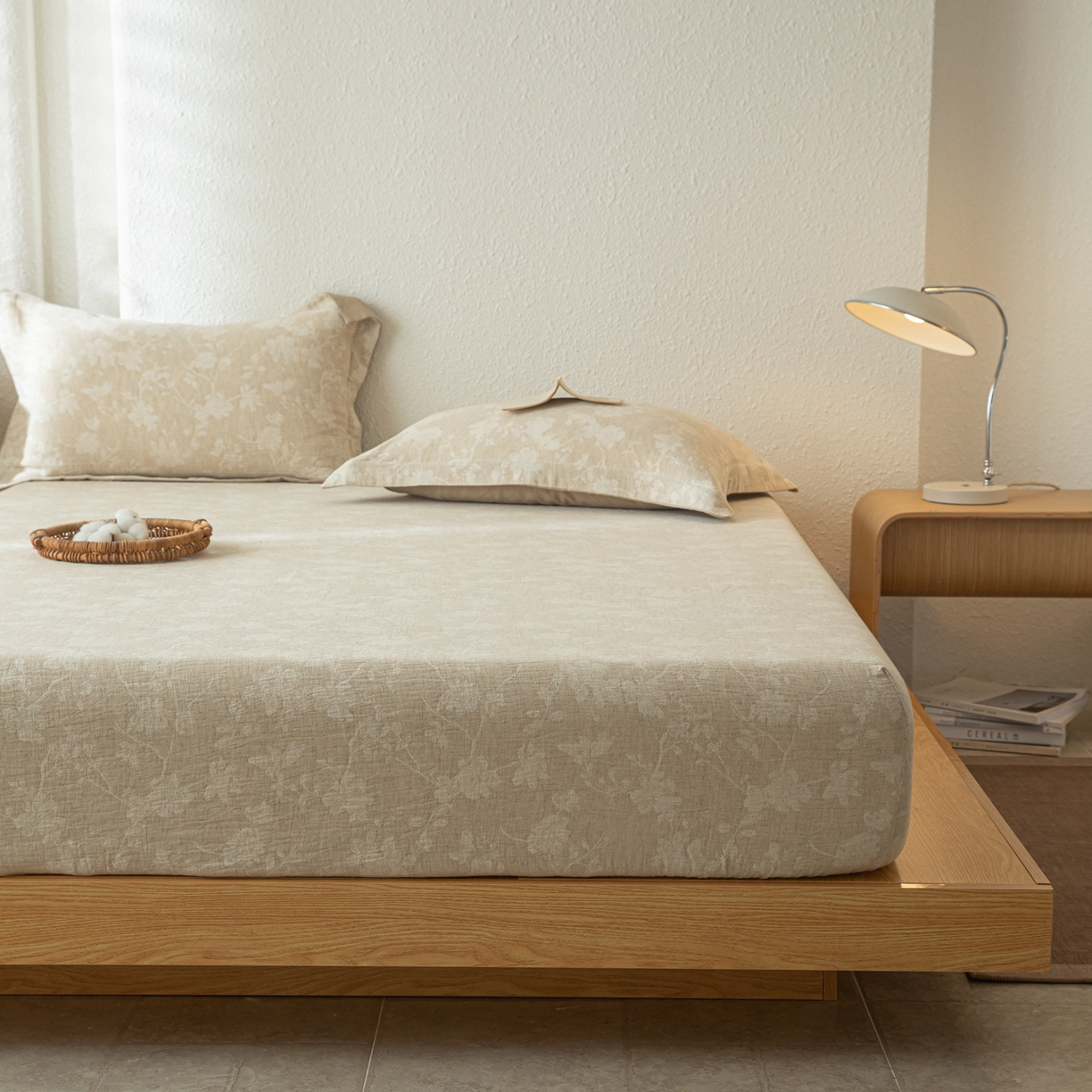 91家纺网 家纺一手货源 找家纺 眠博士 2025新款A类棉麻双层纱提花床笠 棉麻双层纱床笠-蓝聆花