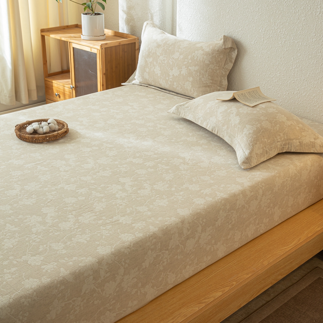 91家纺网 家纺一手货源 找家纺 眠博士 2025新款A类棉麻双层纱提花床笠 棉麻双层纱床笠-蓝聆花