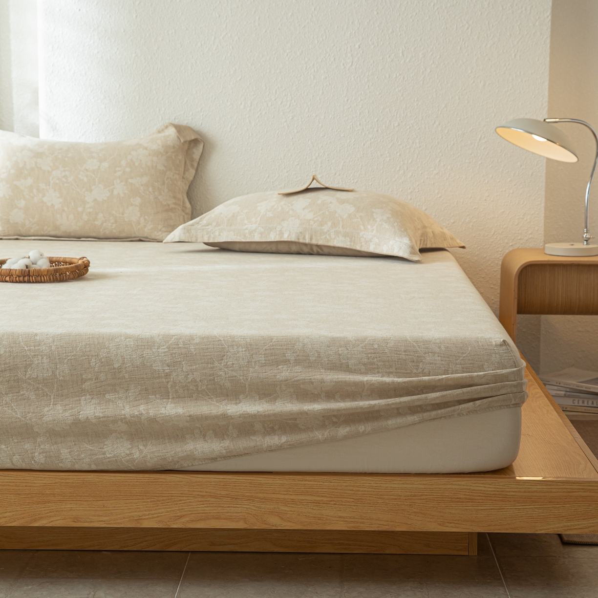 91家纺网 家纺一手货源 找家纺 眠博士 2025新款A类棉麻双层纱提花床笠 棉麻双层纱床笠-蓝聆花