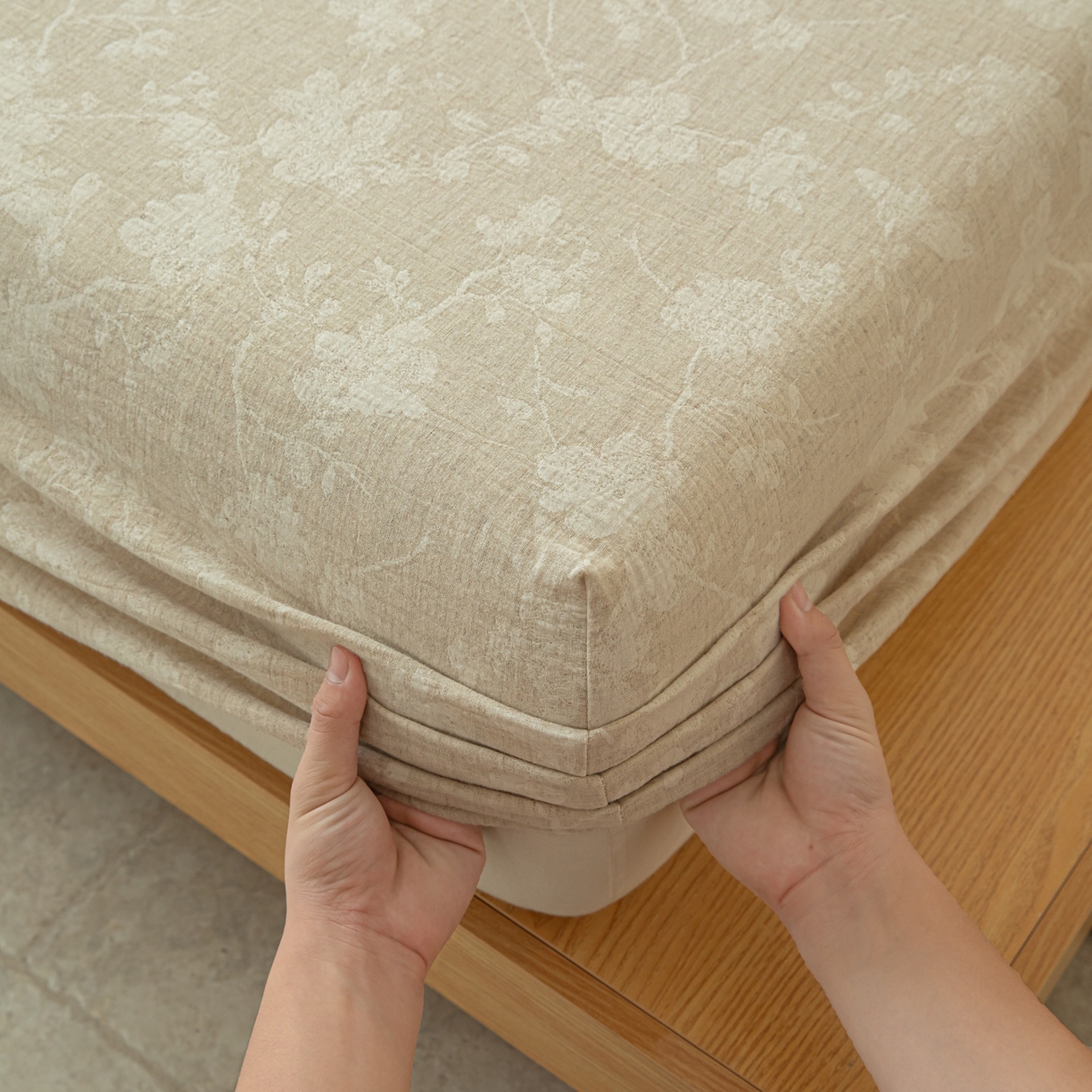 91家纺网 家纺一手货源 找家纺 眠博士 2025新款A类棉麻双层纱提花床笠 棉麻双层纱床笠-蓝聆花