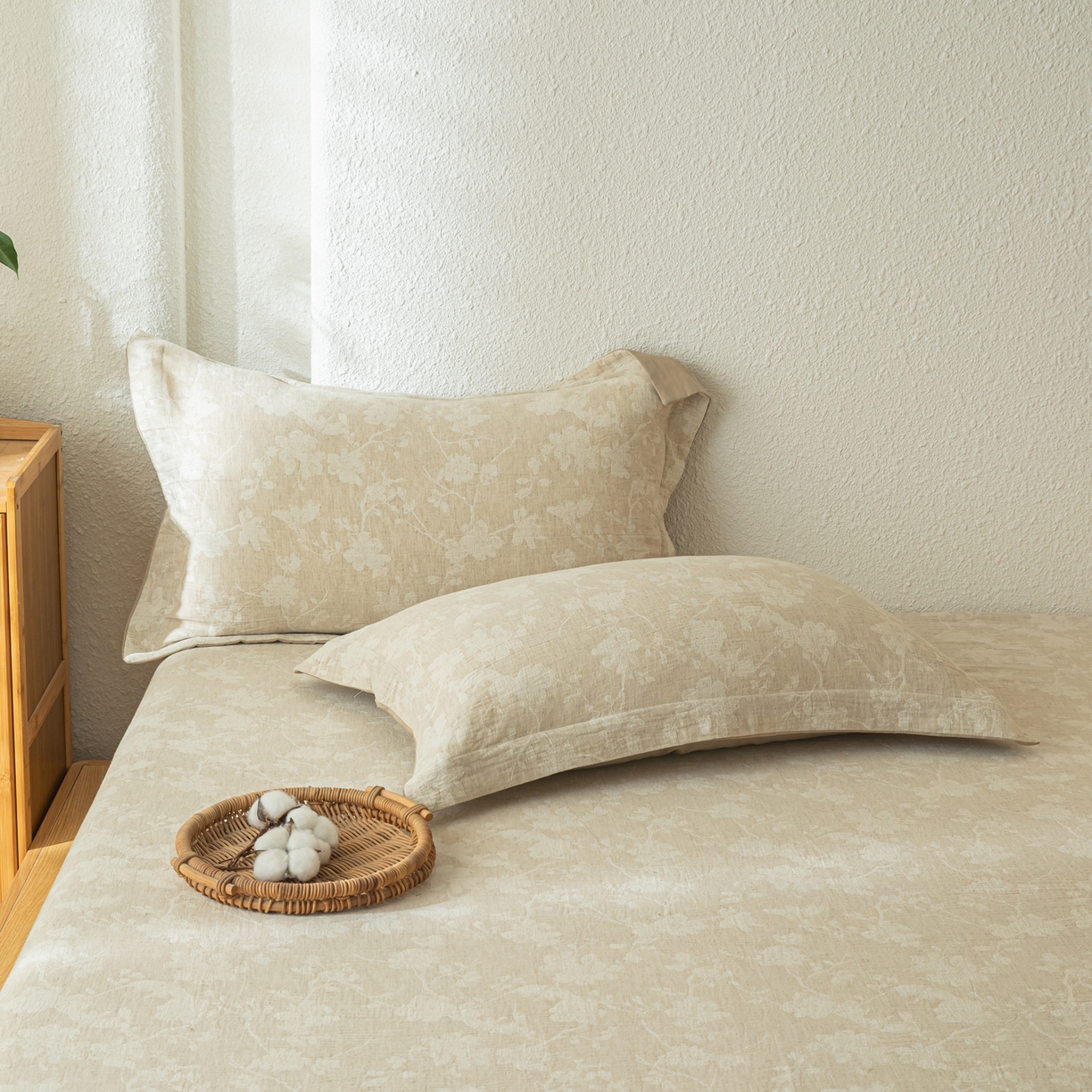 91家纺网 家纺一手货源 找家纺 眠博士 2025新款A类棉麻双层纱提花床笠 棉麻双层纱床笠-蓝聆花