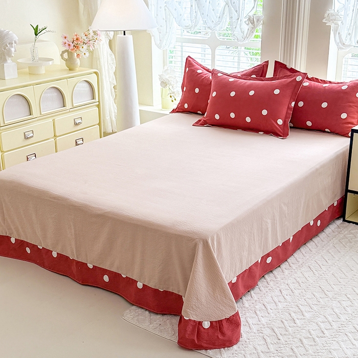 91家纺网 家纺一手货源 找家纺 韩约家纺 2025新款1全棉镂空双色刺绣花边床单款加厚棉麻四件套 波波玫红