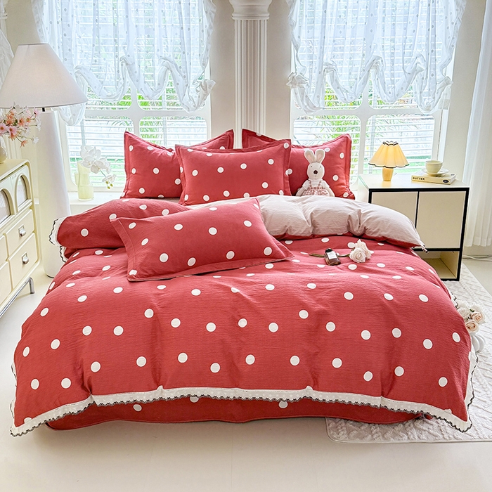 91家纺网 家纺一手货源 找家纺 韩约家纺 2025新款1全棉镂空双色刺绣花边床单款加厚棉麻四件套 波波玫红