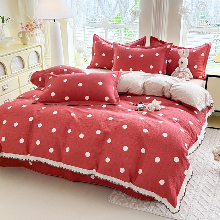 91家纺网 家纺一手货源 找家纺 韩约家纺 2025新款1全棉镂空双色刺绣花边床单款加厚棉麻四件套 波波玫红