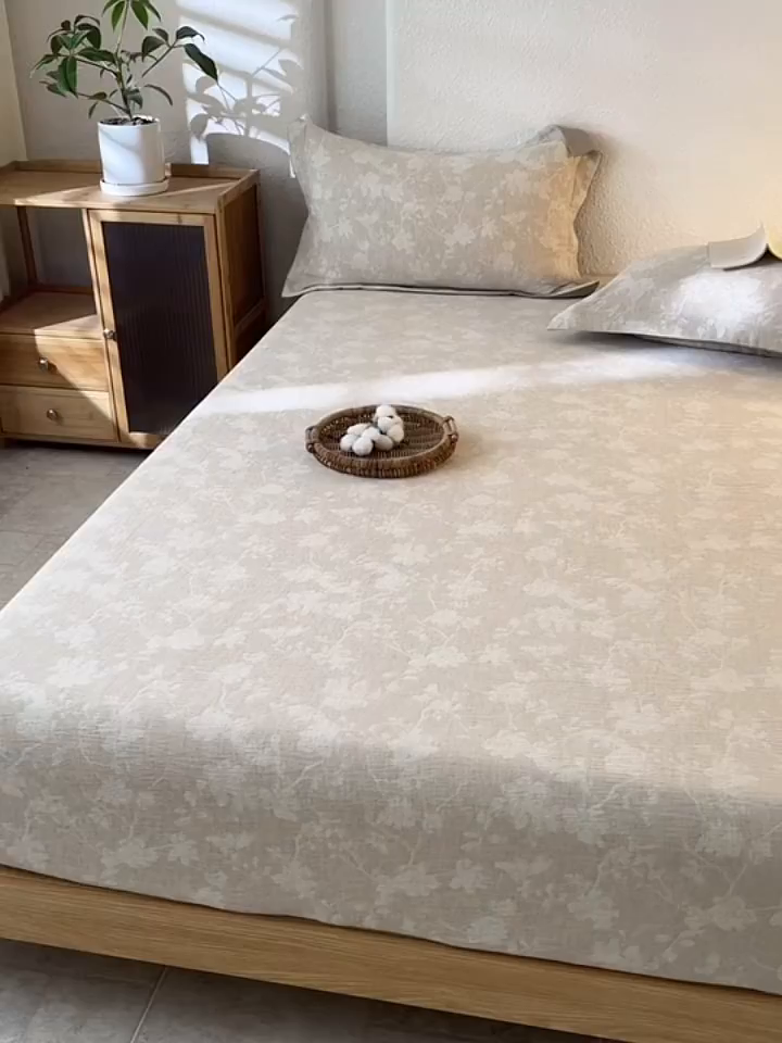 91家纺网 家纺一手货源 找家纺 眠博士 2025新款A类棉麻双层纱提花床笠 棉麻双层纱床笠-蓝聆花