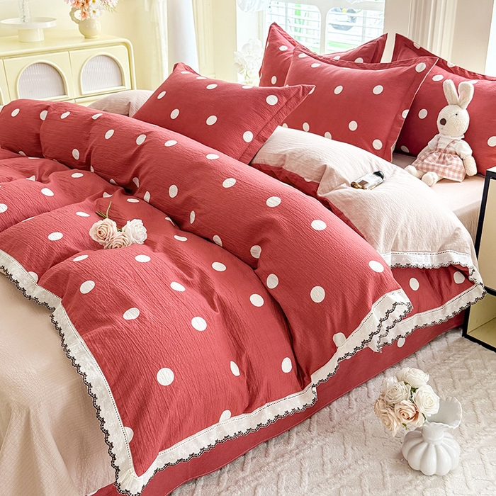 91家纺网 家纺一手货源 找家纺 韩约家纺 2025新款1全棉镂空双色刺绣花边床单款加厚棉麻四件套 波波玫红