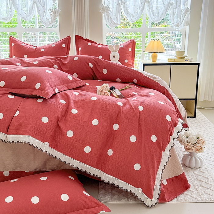 91家纺网 家纺一手货源 找家纺 韩约家纺 2025新款1全棉镂空双色刺绣花边床单款加厚棉麻四件套 波波玫红