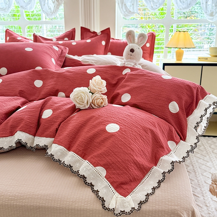 91家纺网 家纺一手货源 找家纺 韩约家纺 2025新款1全棉镂空双色刺绣花边床单款加厚棉麻四件套 波波玫红