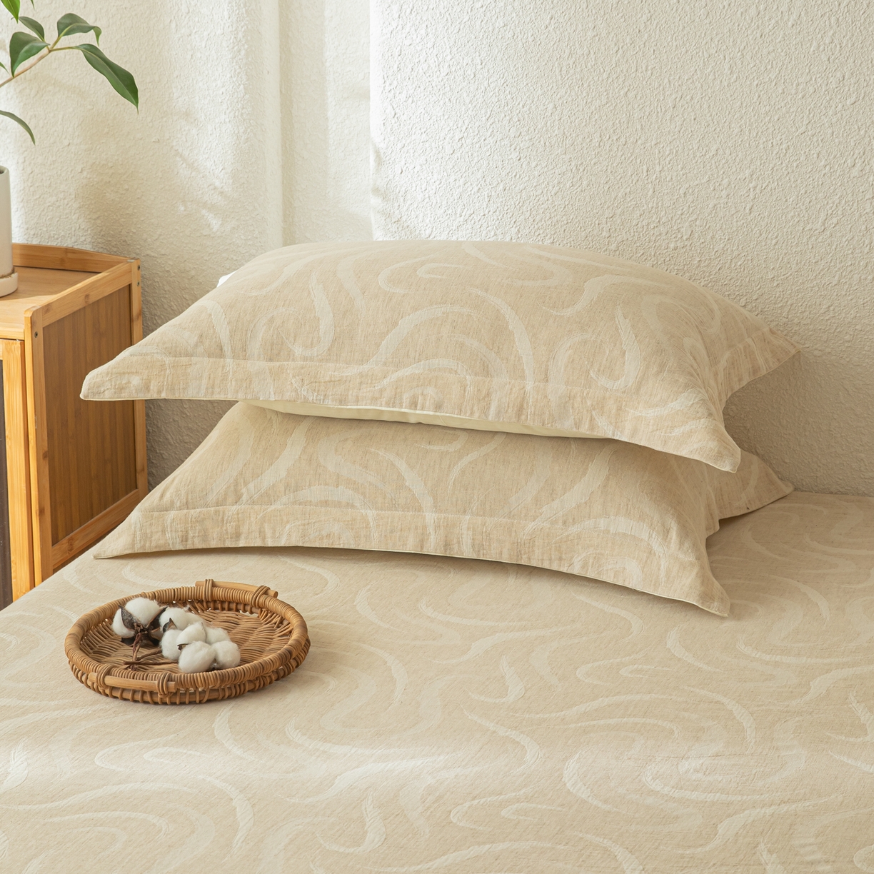 91家纺网 家纺一手货源 找家纺 眠博士 2025新款A类棉麻双层纱提花床笠 棉麻双层纱床笠-灵韵