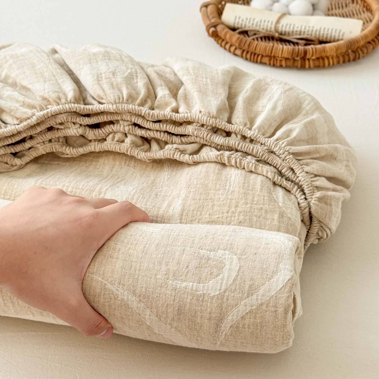 91家纺网 家纺一手货源 找家纺 眠博士 2025新款A类棉麻双层纱提花床笠 棉麻双层纱床笠-灵韵