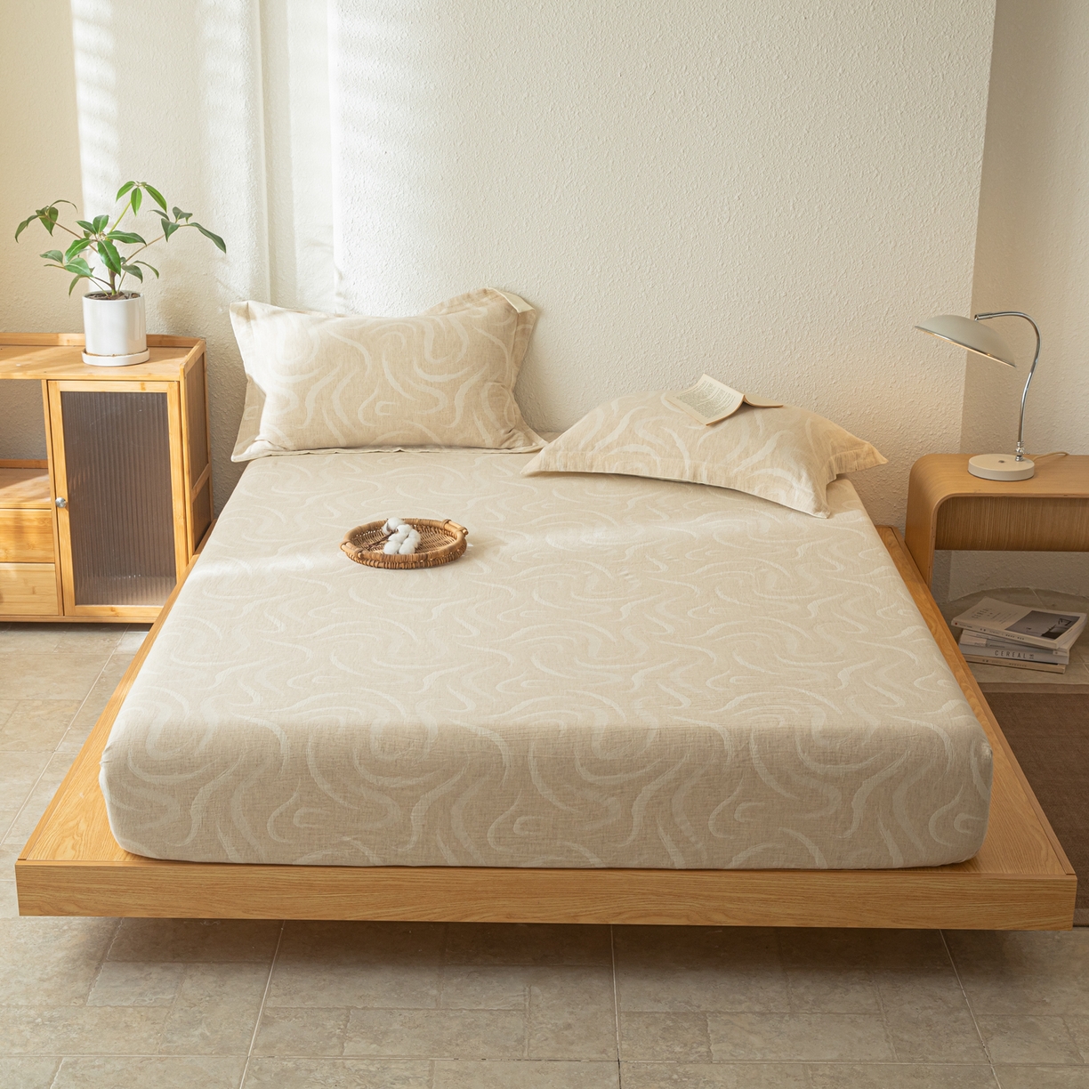 91家纺网 家纺一手货源 找家纺 眠博士 2025新款A类棉麻双层纱提花床笠 棉麻双层纱床笠-灵韵