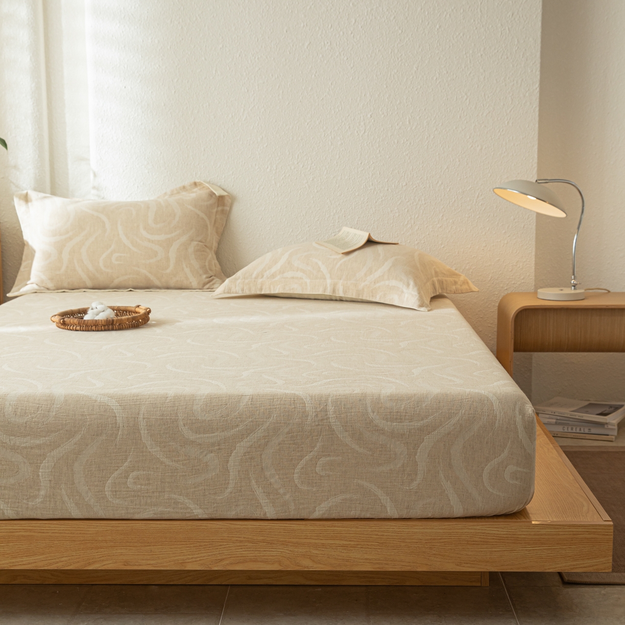 91家纺网 家纺一手货源 找家纺 眠博士 2025新款A类棉麻双层纱提花床笠 棉麻双层纱床笠-灵韵