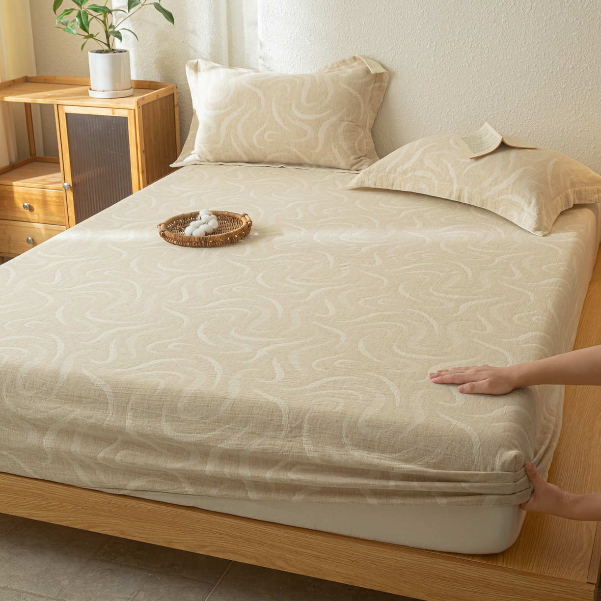 91家纺网 家纺一手货源 找家纺 眠博士 2025新款A类棉麻双层纱提花床笠 棉麻双层纱床笠-灵韵